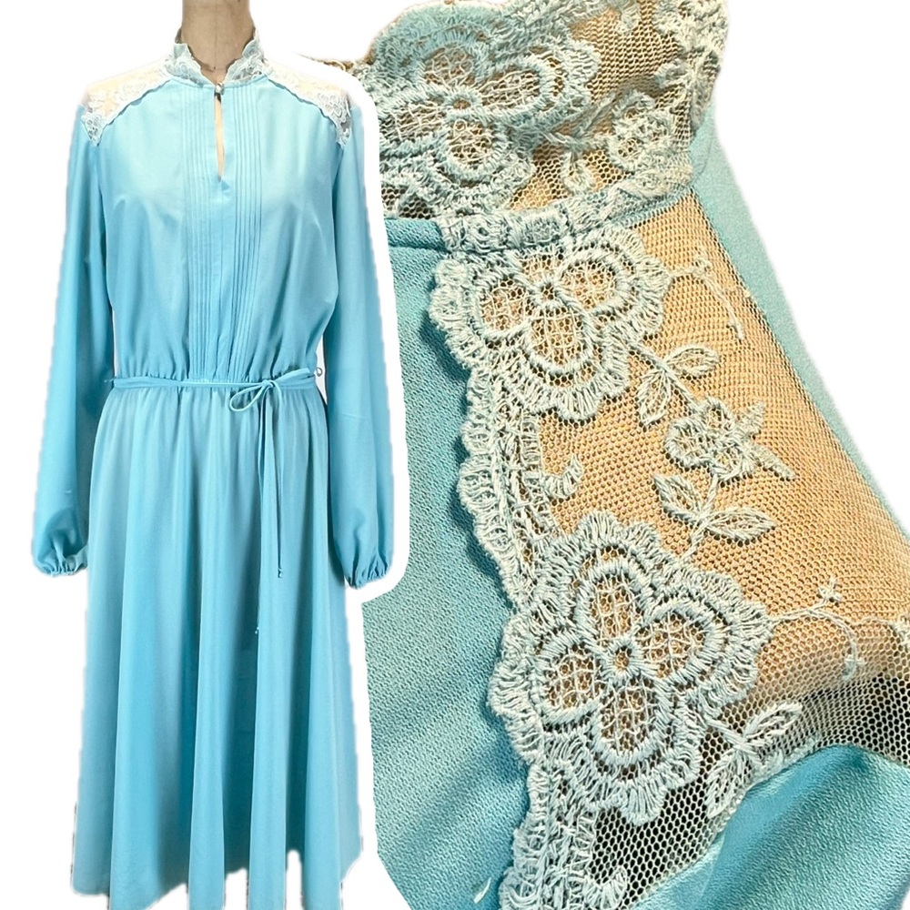 VINTAGE Montgomery Ward dress‎ lace aqua teal midi long sleeve semi formal 70s